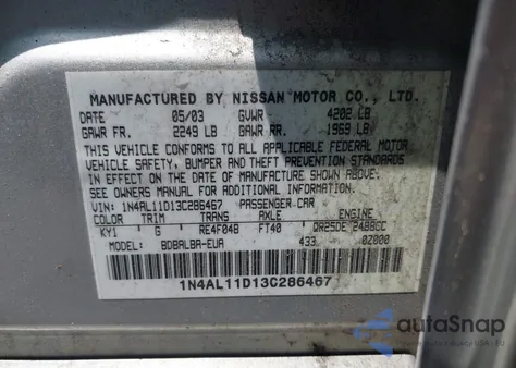 2003 Nissan Altima 2.5 S from USA, damaged, VIN 1N4AL11D13C286467